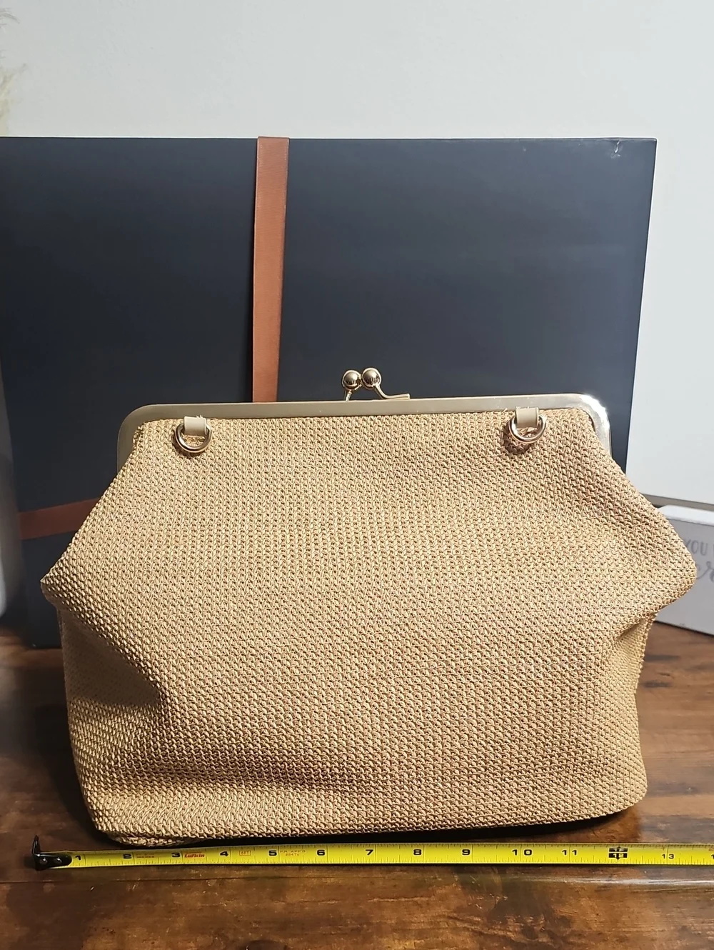 Woven Straw Frame-Top Handbag in Natural Tan